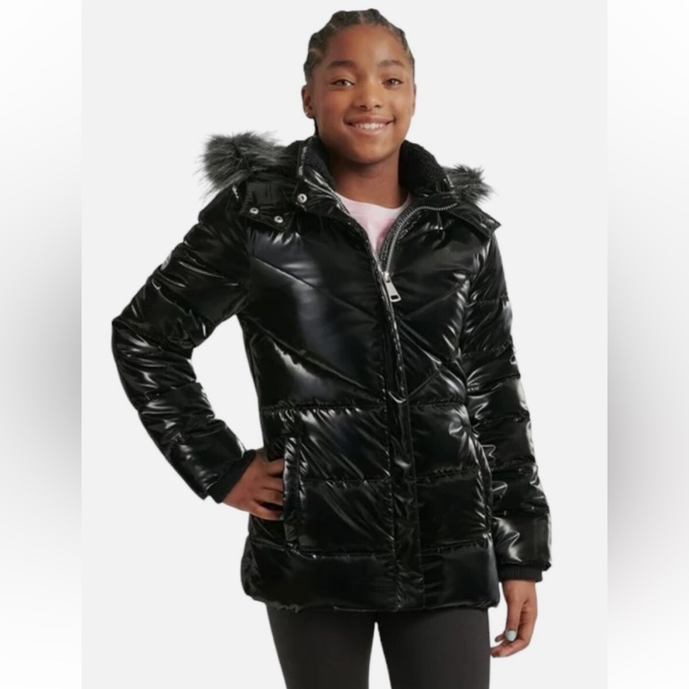 Justice Girls Puffer Jacket with Faux Fur Lined Hood